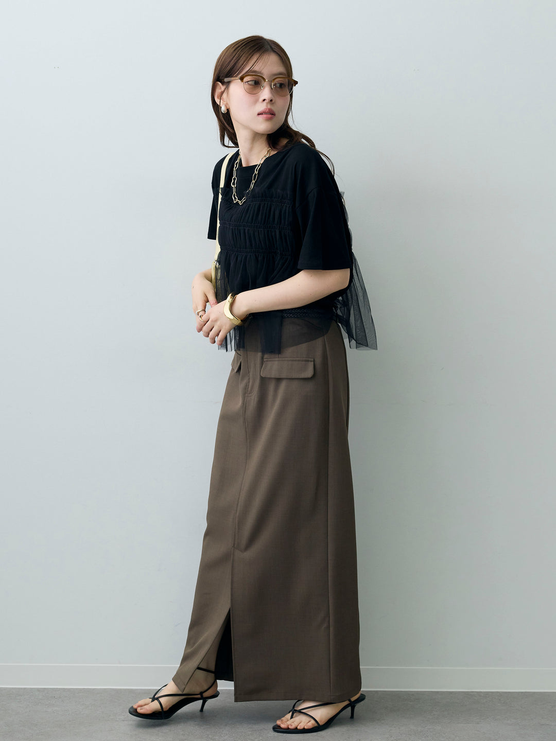 [SET]ギャザーチュールドッキングTEE+クレープデシンフラップ付きストレートスカート(2set)