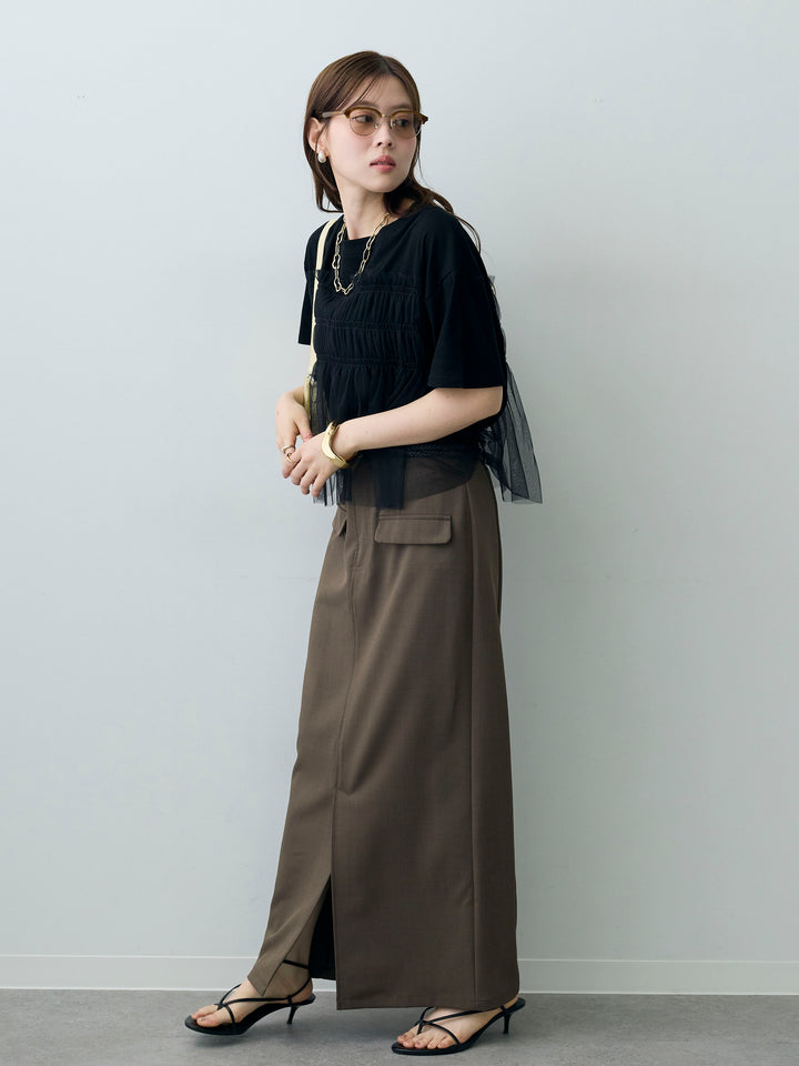 [SET]ギャザーチュールドッキングTEE+クレープデシンフラップ付きストレートスカート(2set)