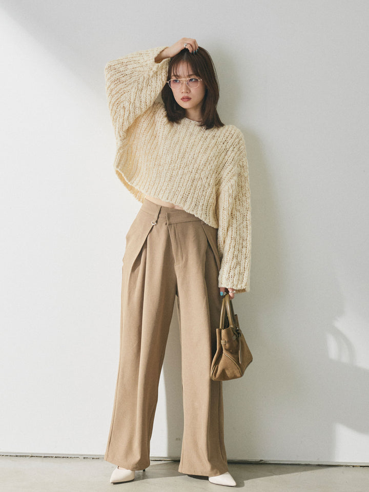 【Allure】[SET]クロップドチャンキースラブニットプルオーバー+アシンメトリーウエストタックパンツ(2set)