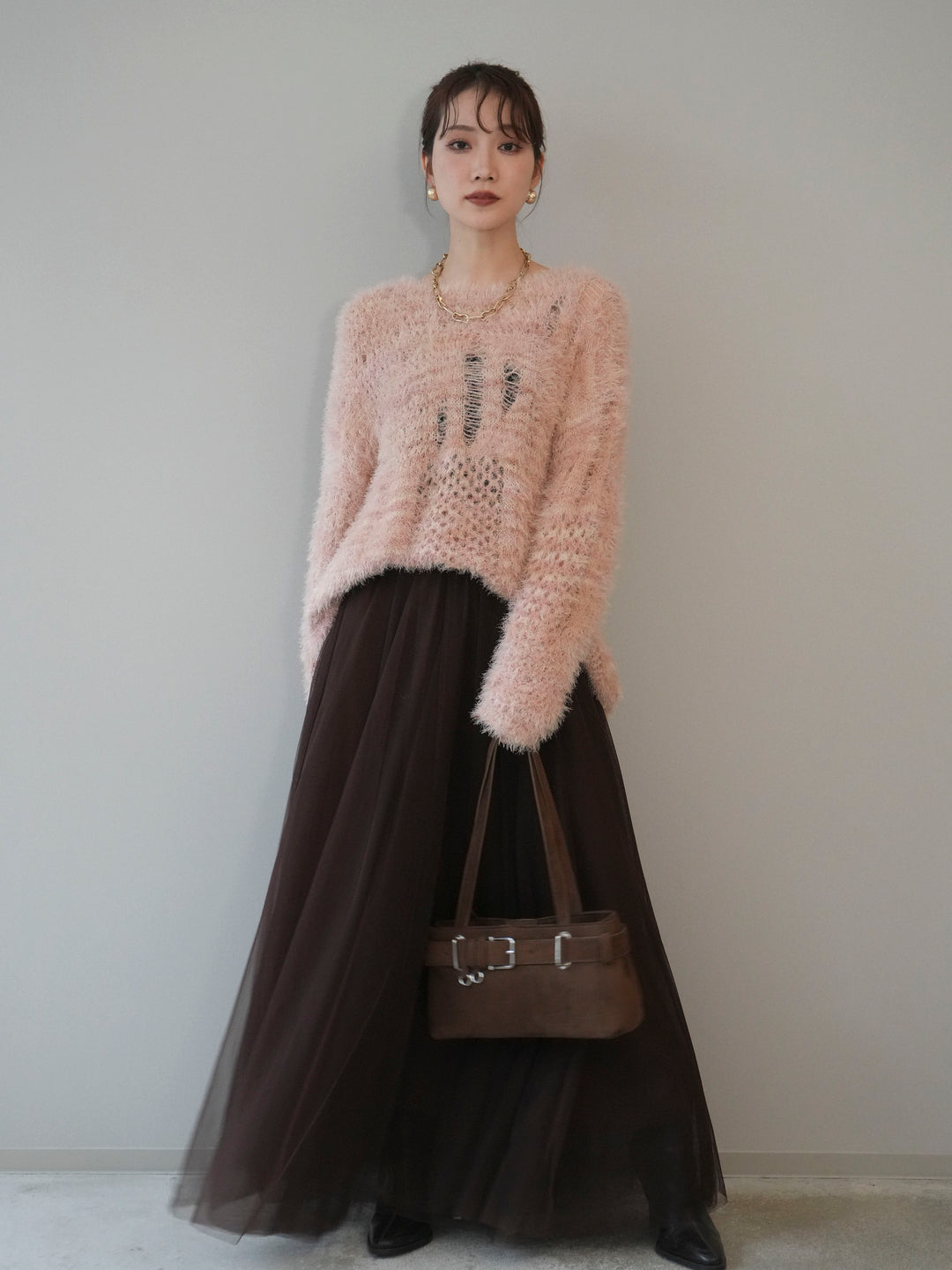 [予約]ミックスシャギールーズニットプルオーバー/pink