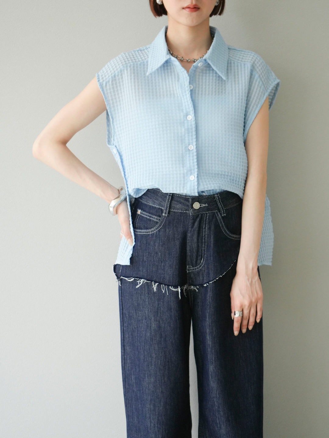 [SET] 透視格紋無袖襯衫 + 透視格紋無袖襯衫 (2 件套)