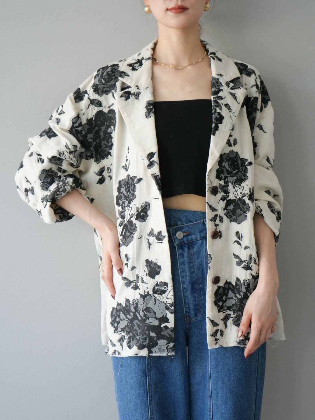 [予約]ジャガードカットオフジャケット/ブラック