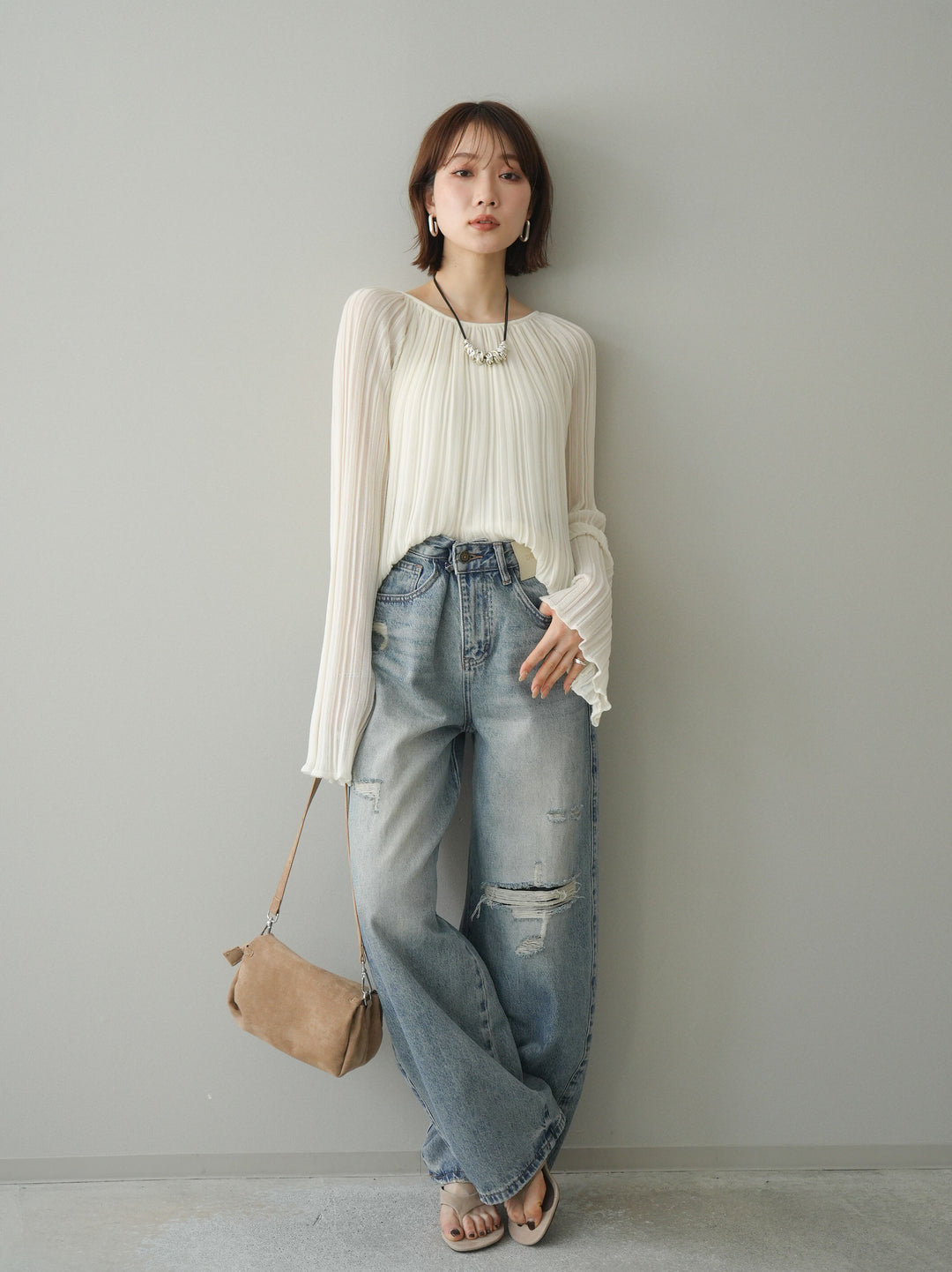 [SET]プリーツシアーフレアスリーブニットトップス+選べるアクセセット(2set)