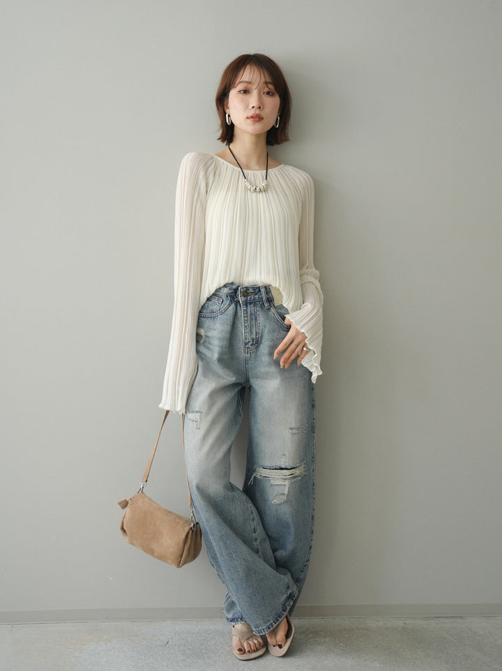 [SET]プリーツシアーフレアスリーブニットトップス+選べるアクセセット(2set)