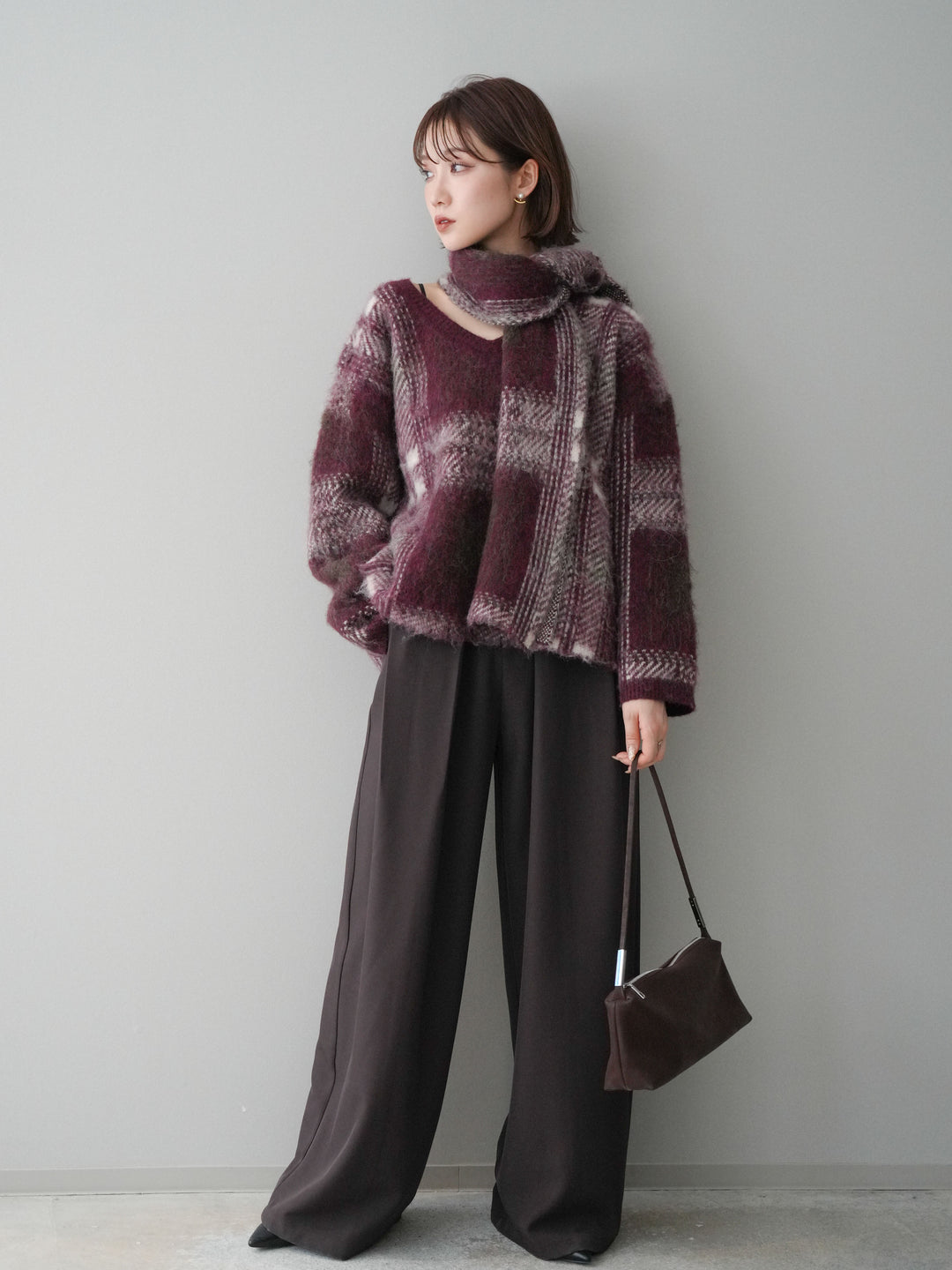 [予約]ストール付シャギーチェックニットプルオーバー/red