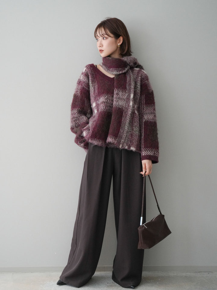 [予約]ストール付シャギーチェックニットプルオーバー/red