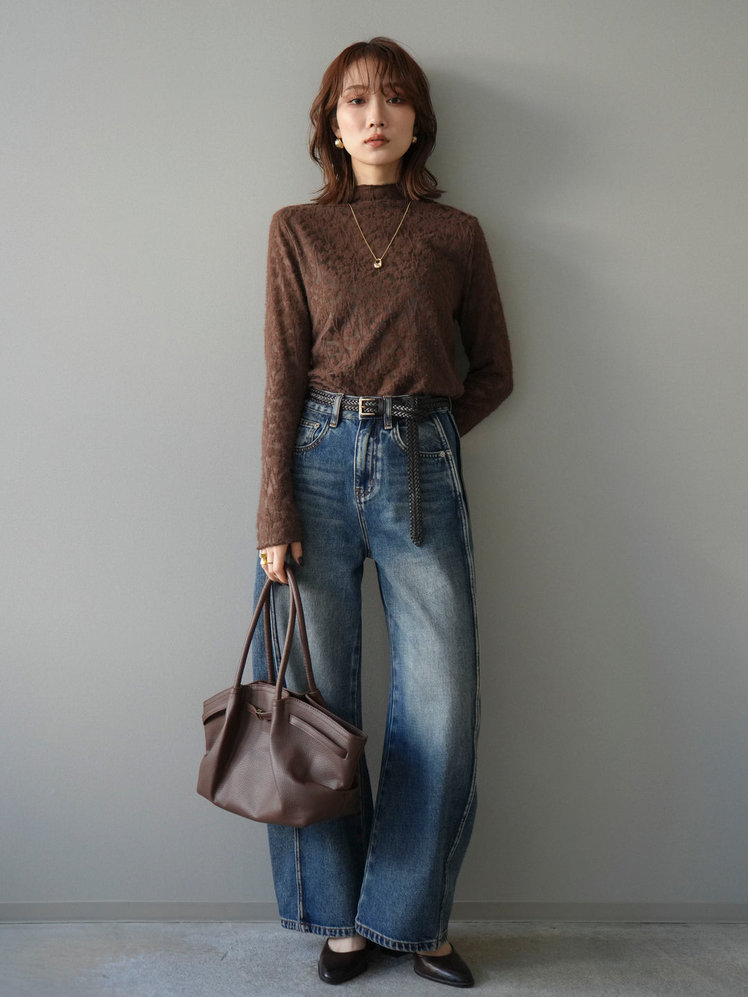 [予約]起毛レースプチネックトップス/brown