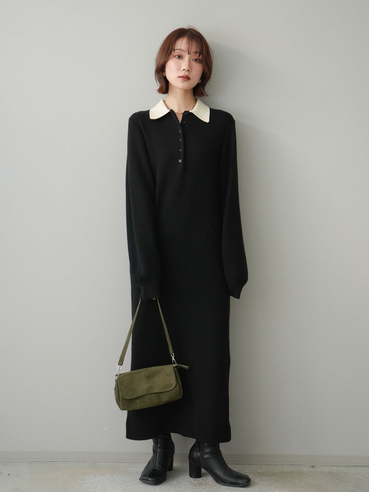 [予約]配色ポロニットワンピース/black