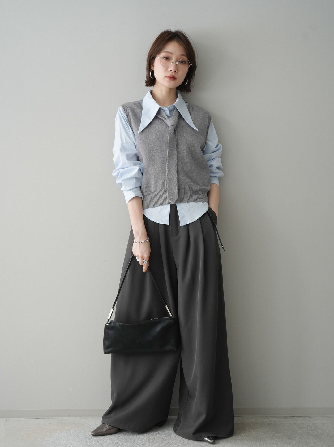 [予約]編み込みベルト付タックワイドパンツ/gray