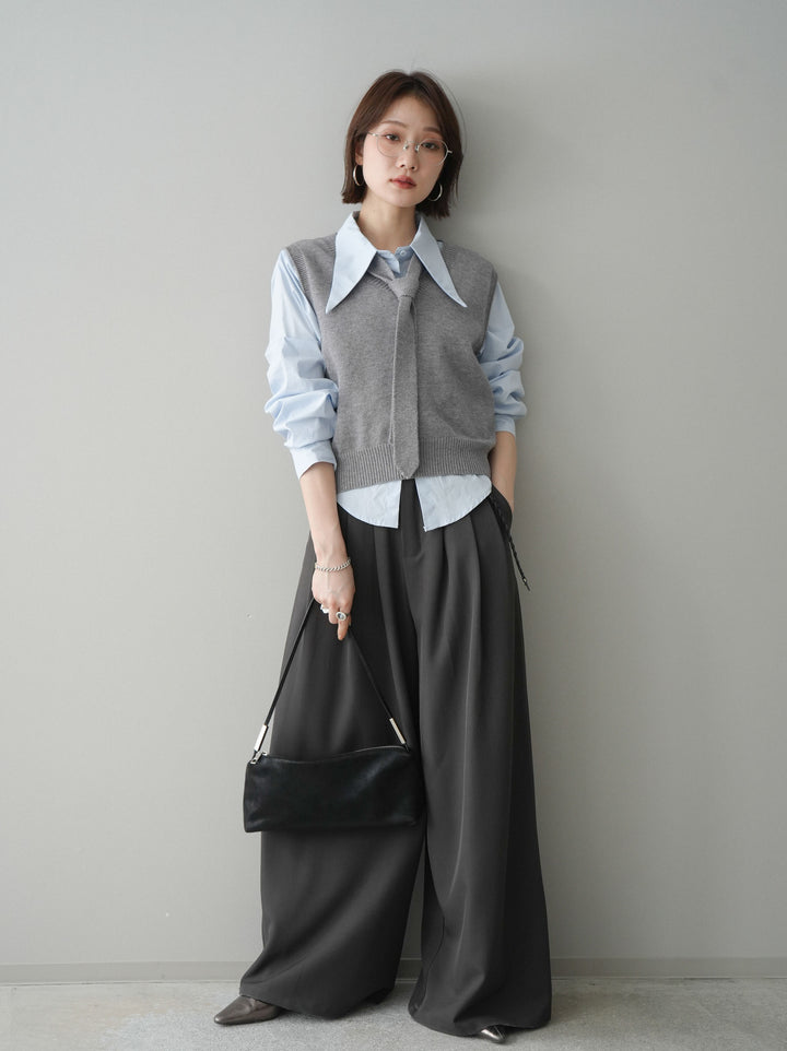 [予約]編み込みベルト付タックワイドパンツ/gray