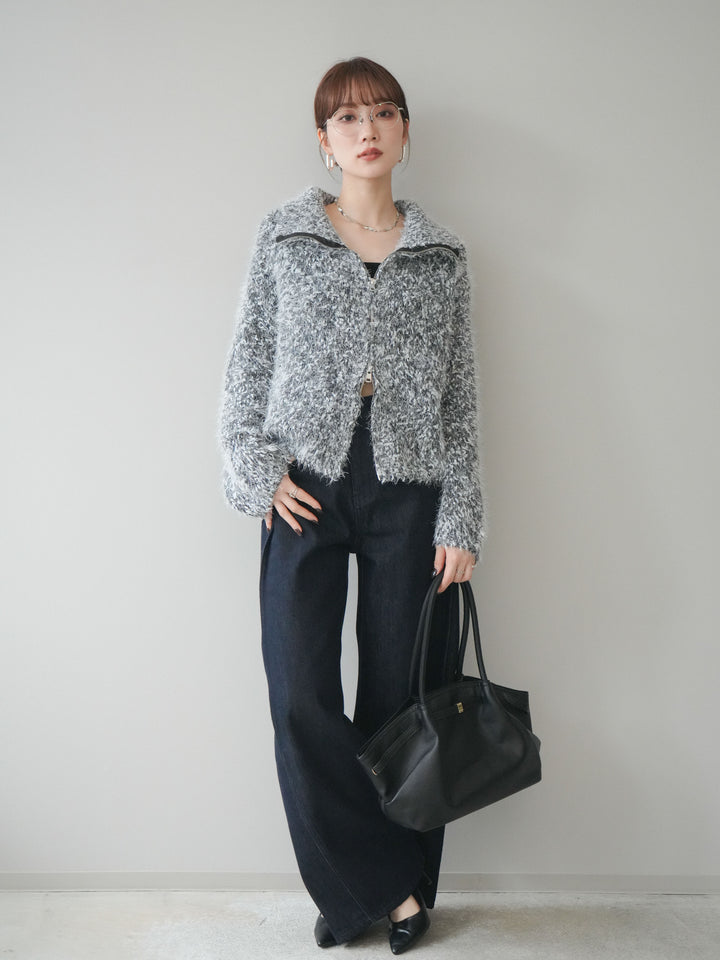 [予約]ミックスシャギージップニットカーディガン/black