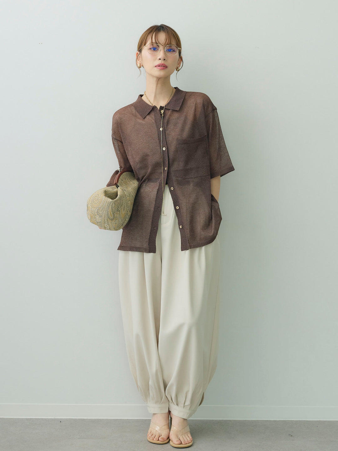 [SET]シアーハーフラメニットシャツ+カップ付きバッククロスキャミソール+ヘムボタンタックコクーンパンツ(3set)