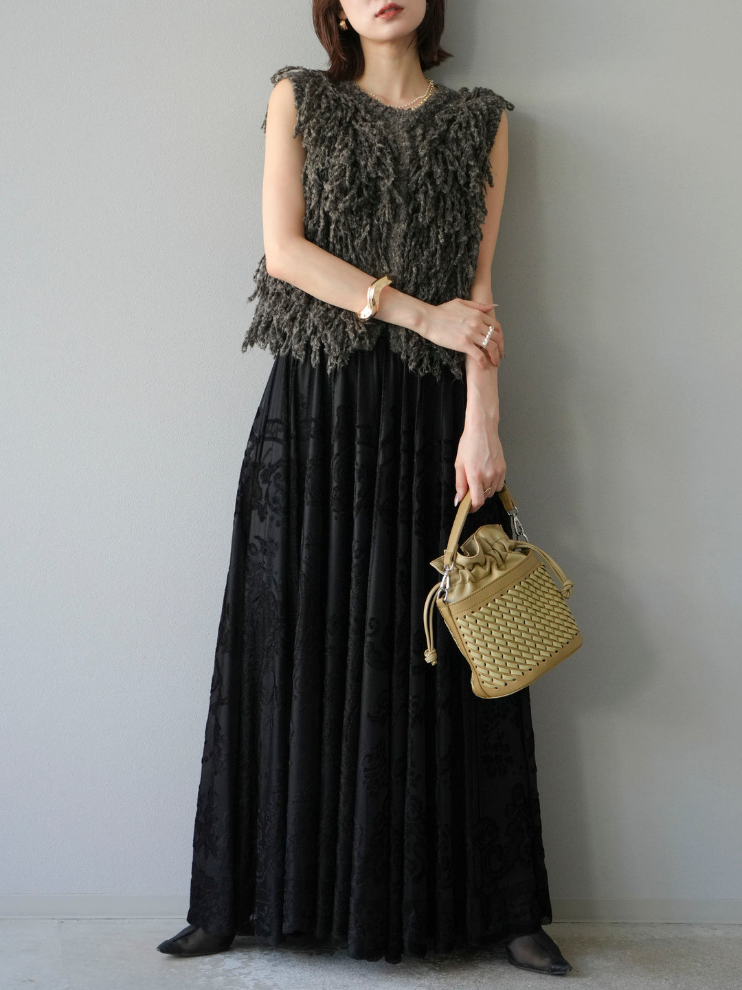 [SET]フリンジループニットベスト+アンティーク柄フロッキーマキシスカート(2set)