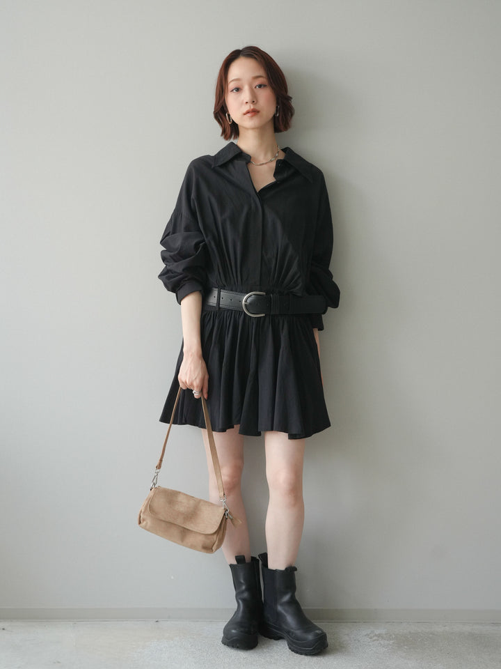[予約]ベルト付フレアシャツミニワンピース/black