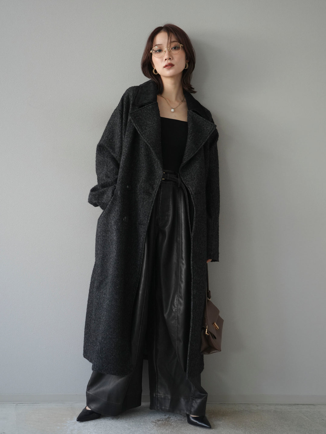 [予約]ネップヘリンボーンレザー襟チェスターコート/black