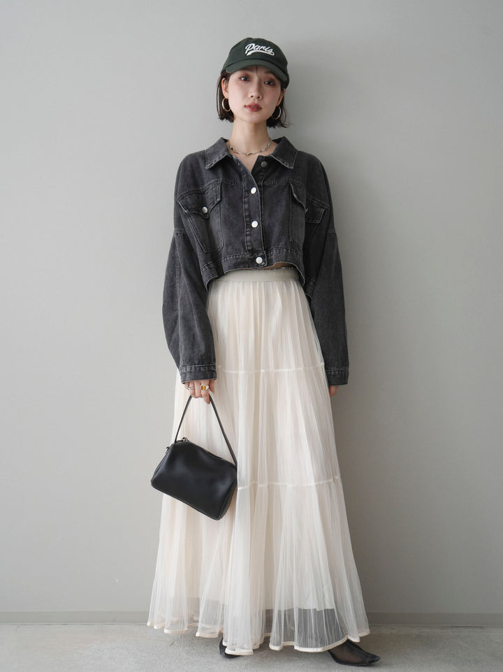 [予約]ラメプリーツレイヤードチュールロングスカート/ivory