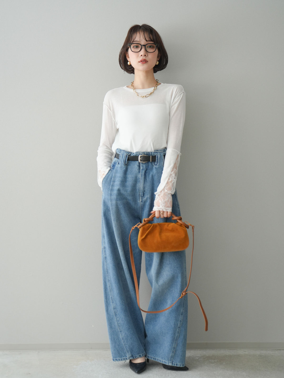 [SET]袖レースレイヤードデザインメロートップス+ハイウエストベルトループデザインデニムパンツ(2set)