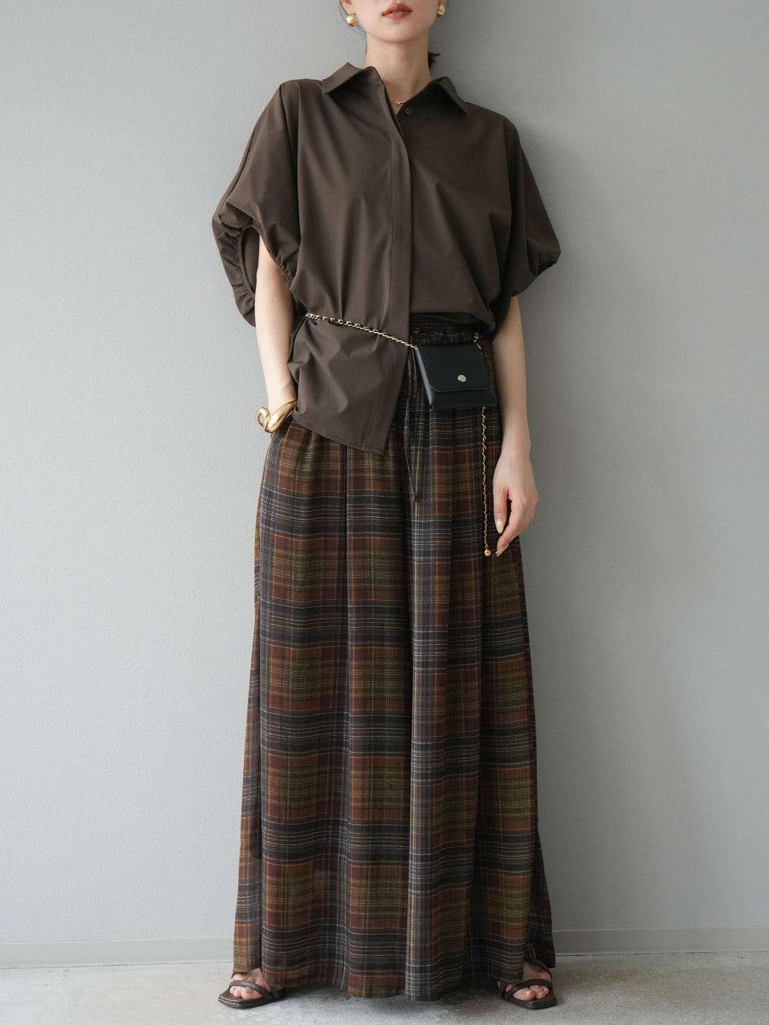 [預購] 透視格紋寬鬆褲/棕色
