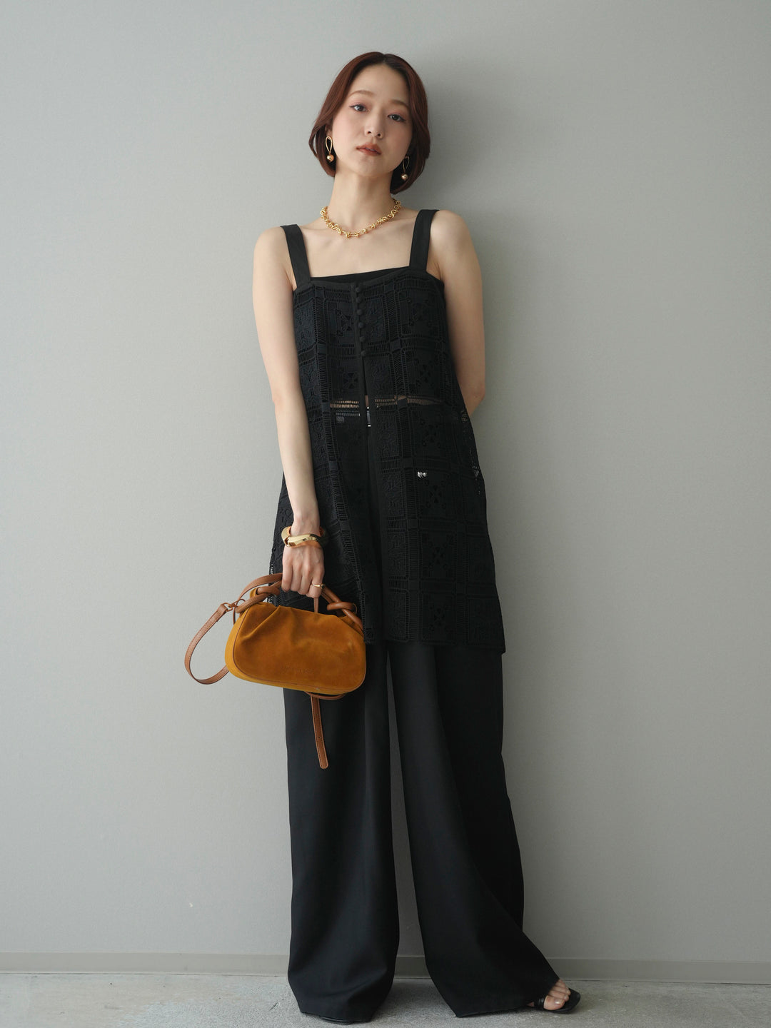 [SET]配色パネルレースキャミソール+ベルト付キーホルダーモチーフワイドパンツ(2set)