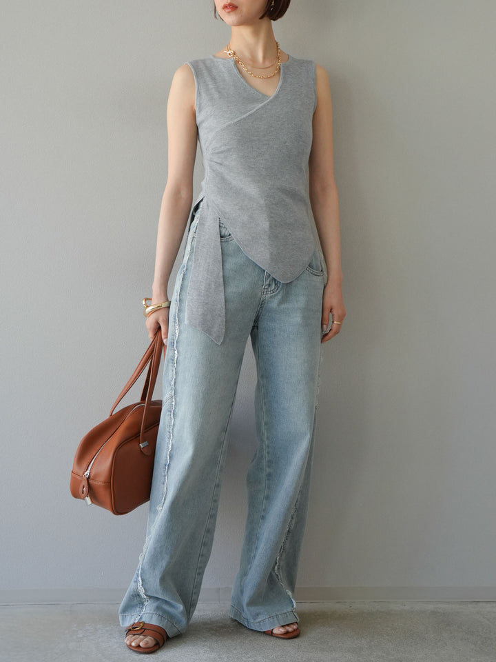 [SET]カシュクールノースリーブニットトップス+ラインレースデニムパンツ(2set)