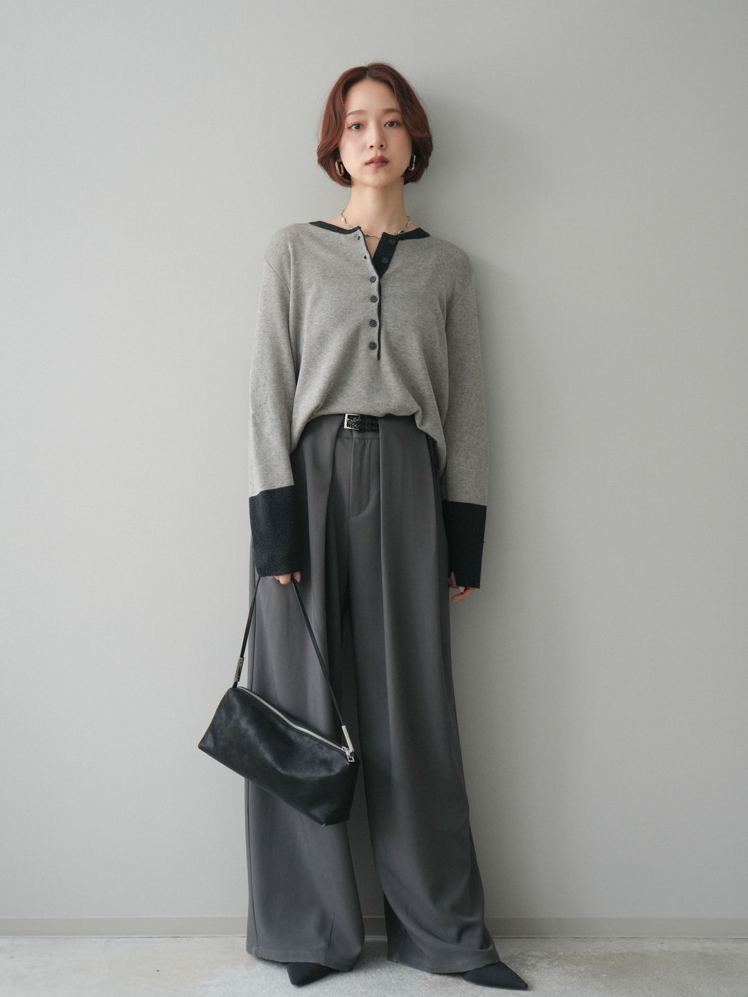 [SET]ヘンリーネック配色ニットソー+ベルトループデザインワイドパンツ(2set)