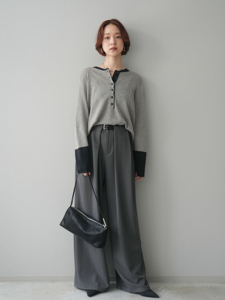 [SET]ヘンリーネック配色ニットソー+ベルトループデザインワイドパンツ(2set)