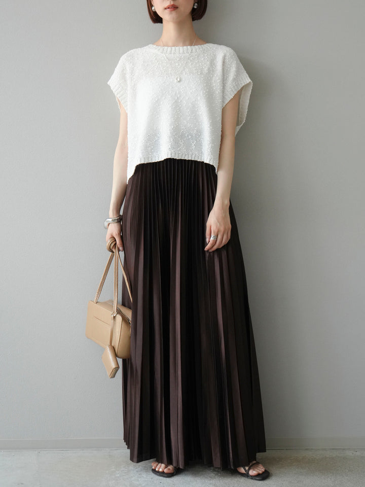 [SET]ネップヤーンクロップドニットベスト+サテンプリーツマキシスカート(2set)