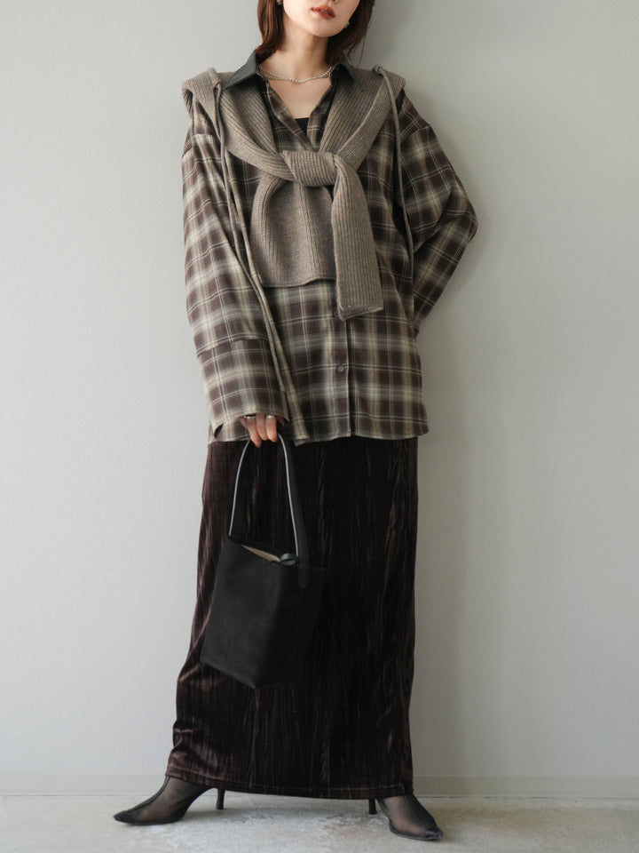 [予約]レザー襟オンブレチェックオーバーシャツ /ブラウン