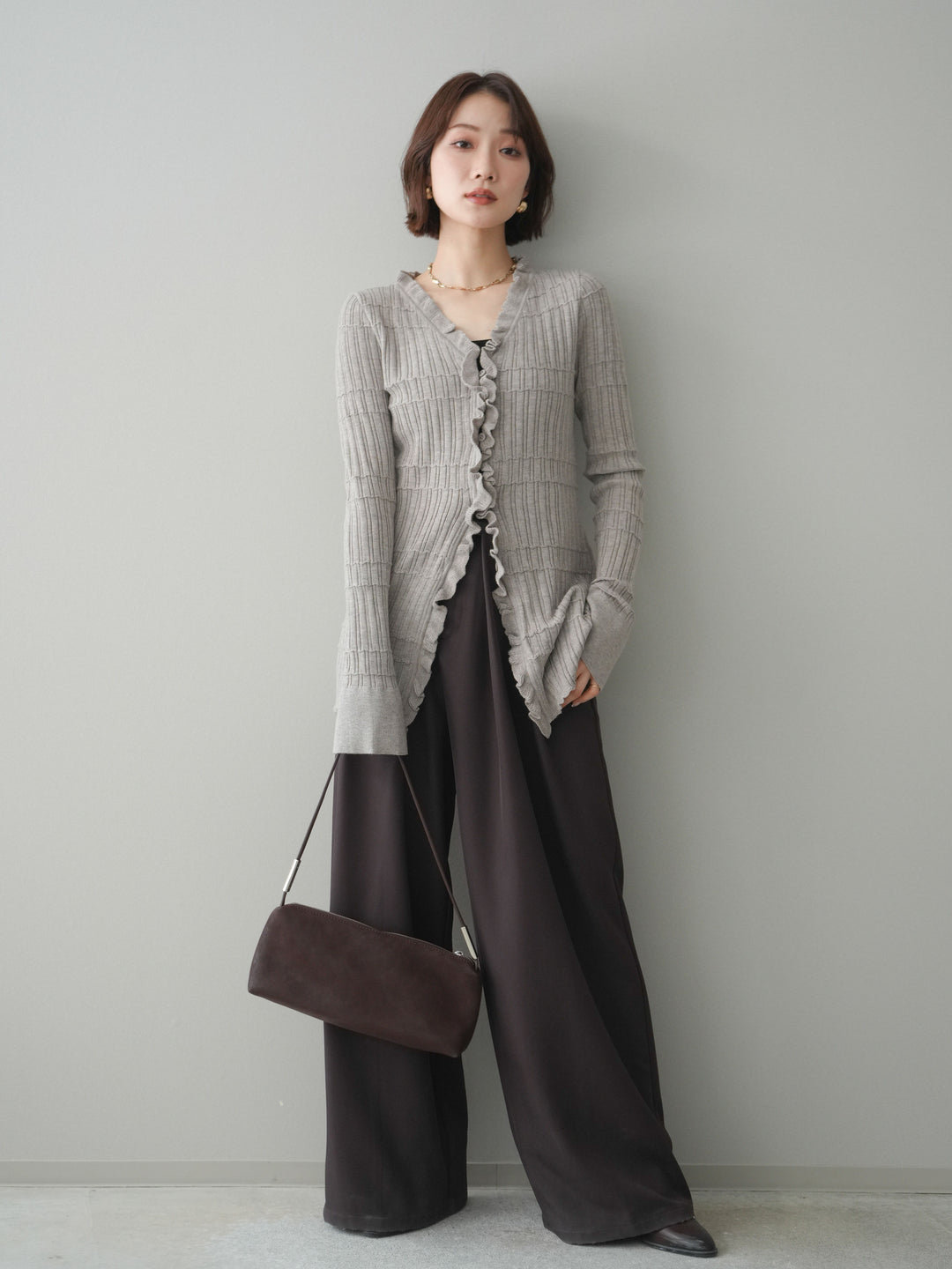 [予約]フロントフリルリブニットカーディガン/greige