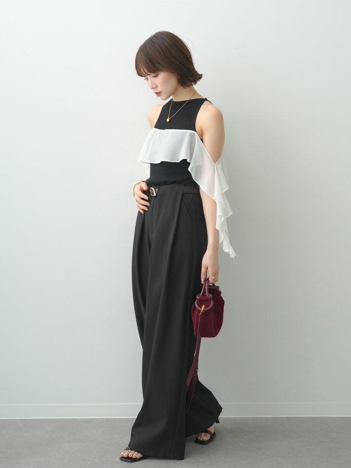 [予約]シフォンフリルドッキングノースリニットトップス/black