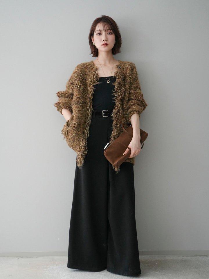[予約]ミックスヤーンフリンジデザインニットジャケット/brown