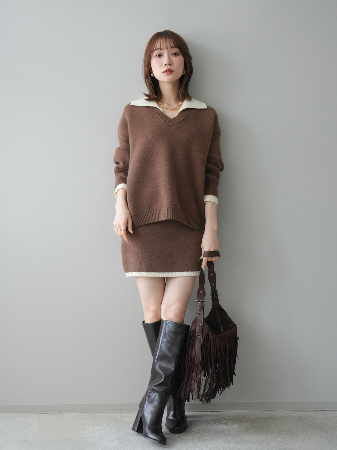 [SET]配色襟ニット＆ミニスカートSET UP+配色襟ニット＆ミニスカートSET UP(2set)