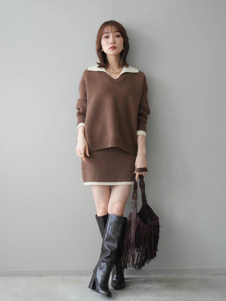 [SET]配色襟ニット＆ミニスカートSET UP+配色襟ニット＆ミニスカートSET UP(2set)