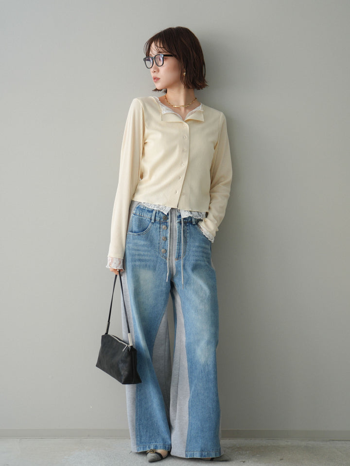 [SET]レースドッキングテレコリブカーディガン+選べるアクセセット(2set)