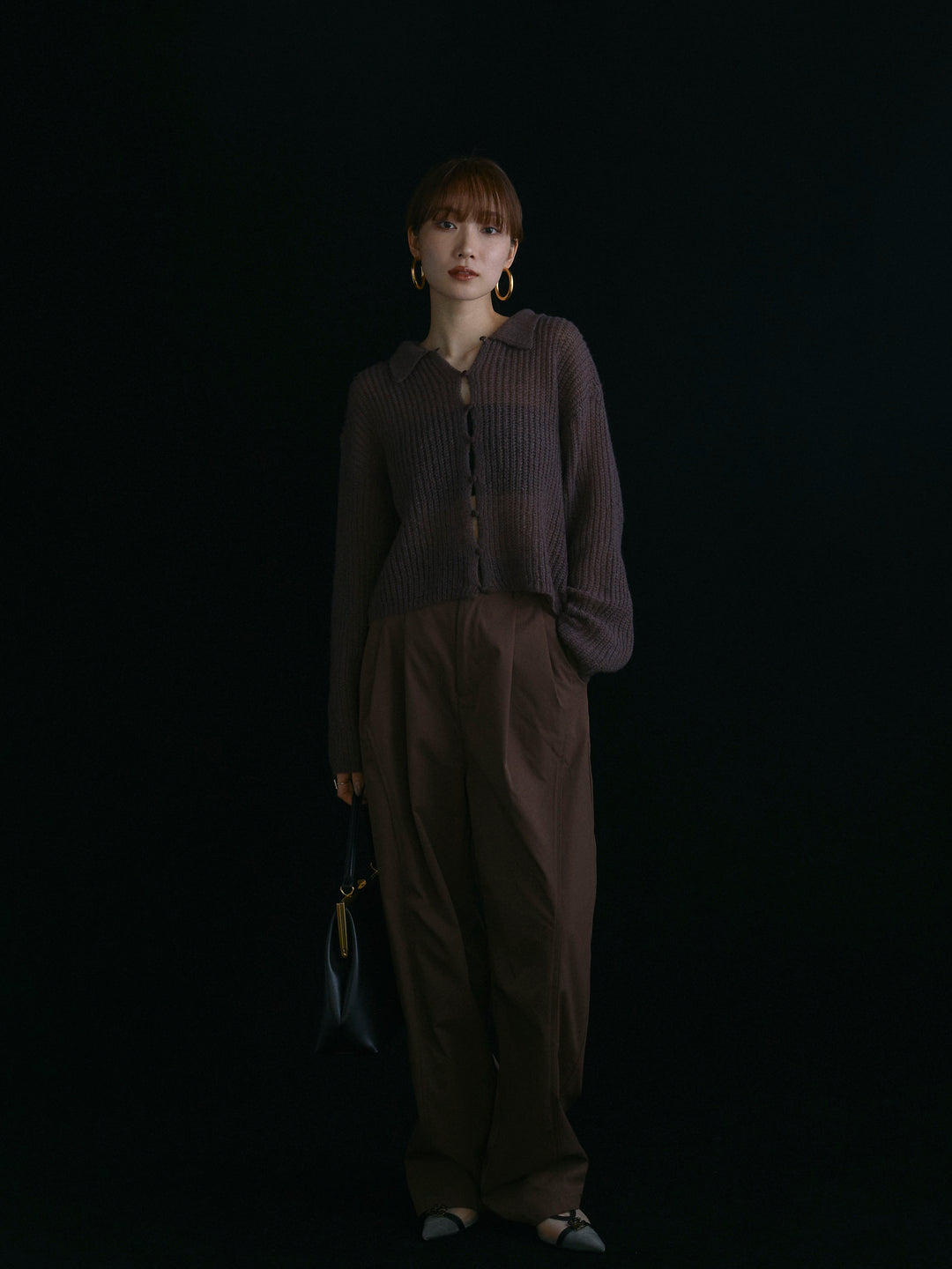 【Allure】[SET]起毛片畦編みシアーポロニット+タフタワイドカーブパンツ(2set)