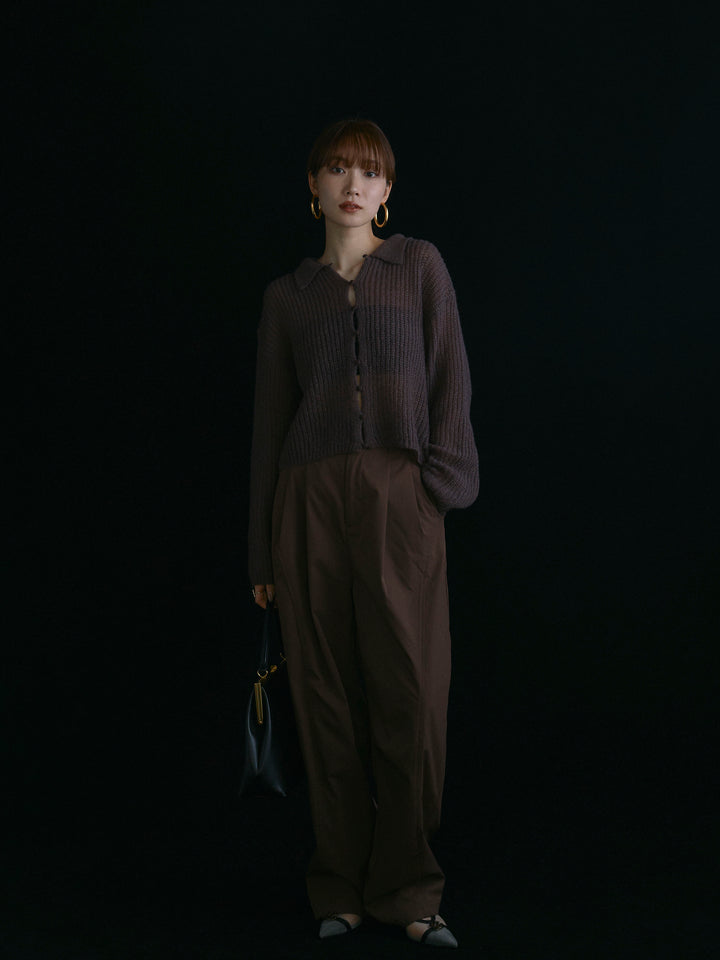 【Allure】[SET]起毛片畦編みシアーポロニット+タフタワイドカーブパンツ(2set)