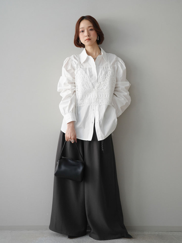 [予約]編み込みベルト付タックワイドパンツ/black