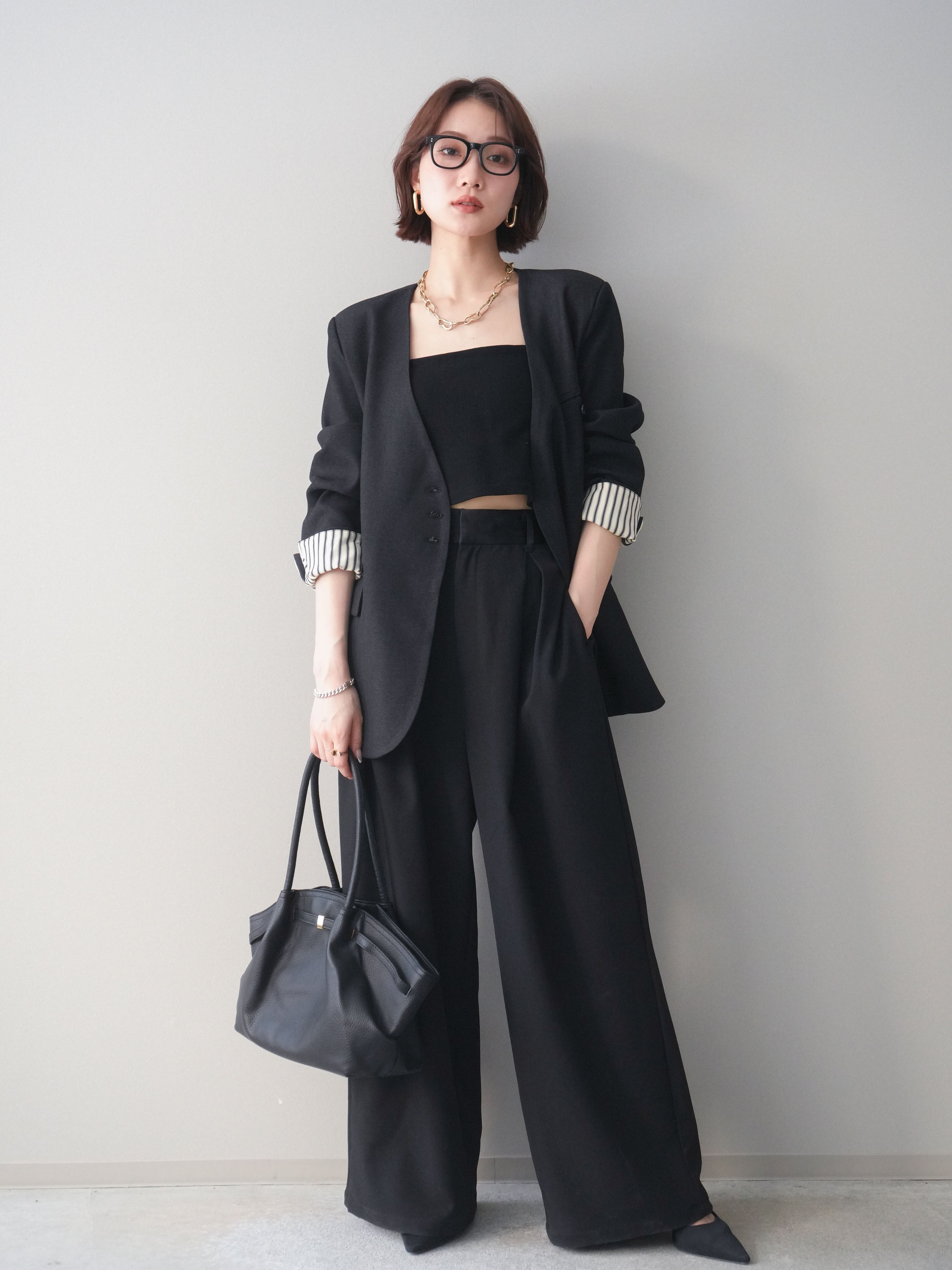 SET]ノーカラージャケット+サテンベルトタックワイドパンツ(2set) – Lumier