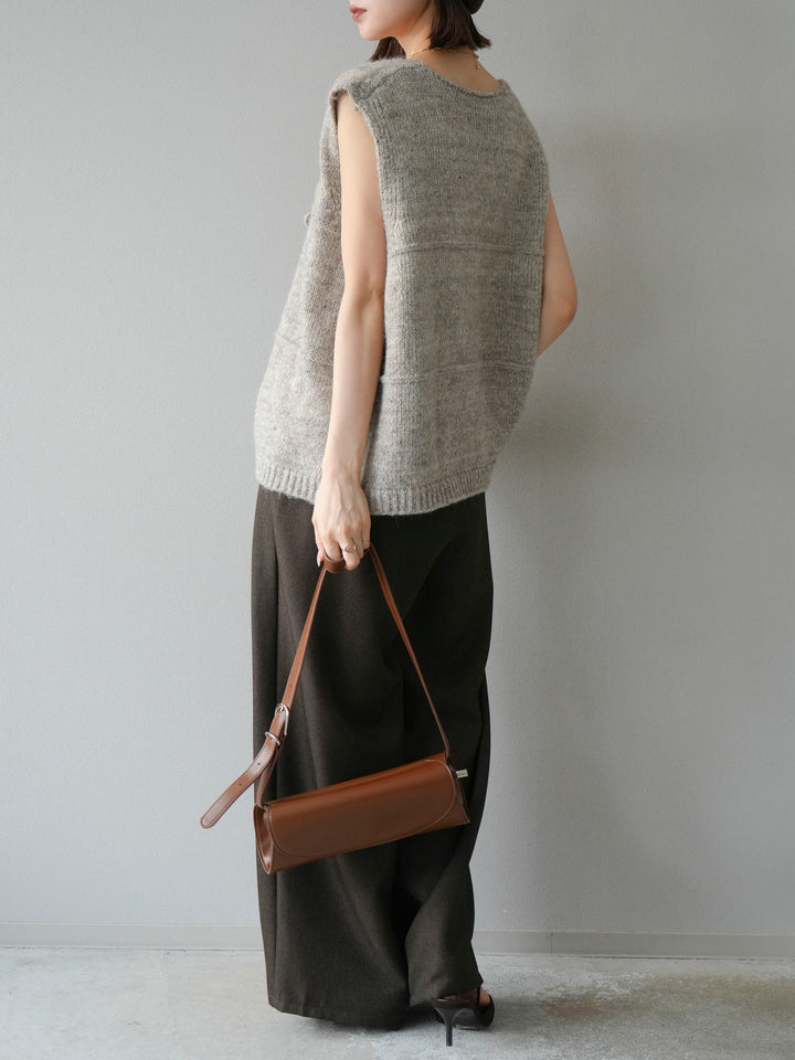 [予約]レザーパイピングタックワイドパンツ/ブラウン