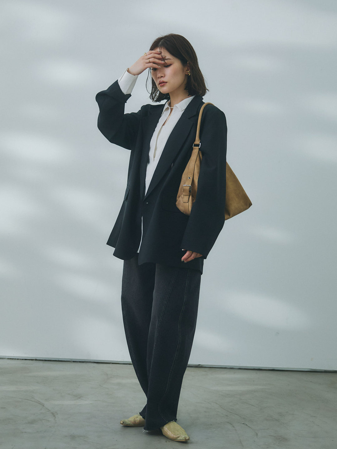 【Allure】[SET]杢調ライトテーラードジャケット+ウエストフリンジカットオフカーブデニムパンツ(2set)