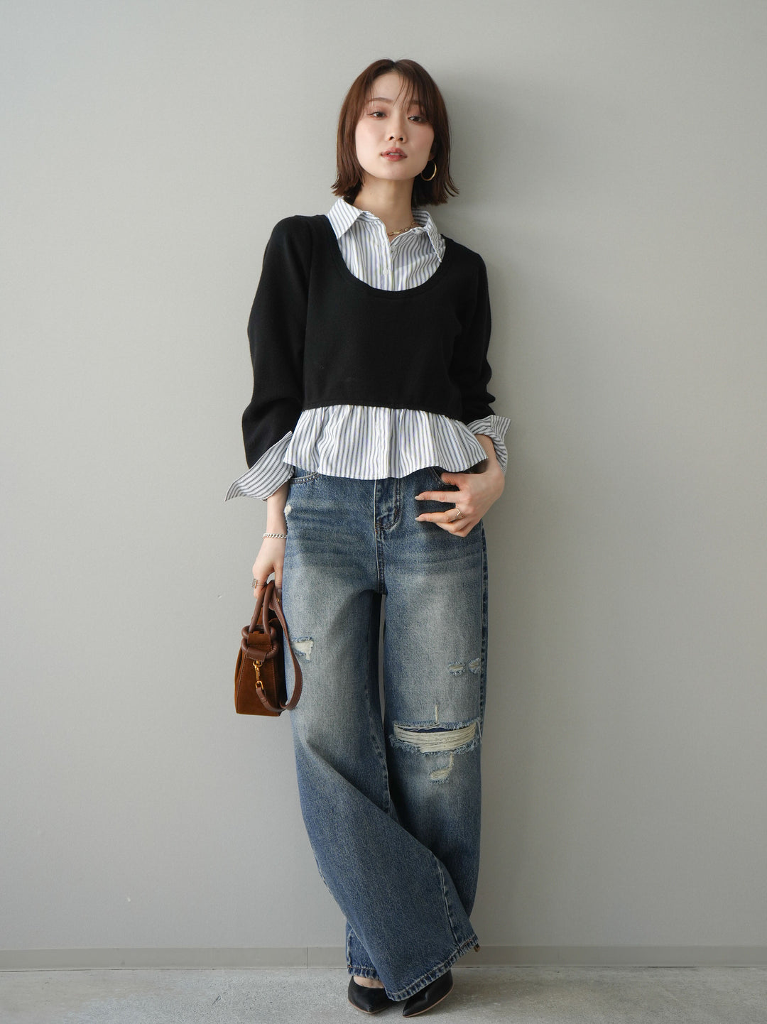 [予約]ストライプシャツUネックドッキングニットプルオーバー/blackoffstripe