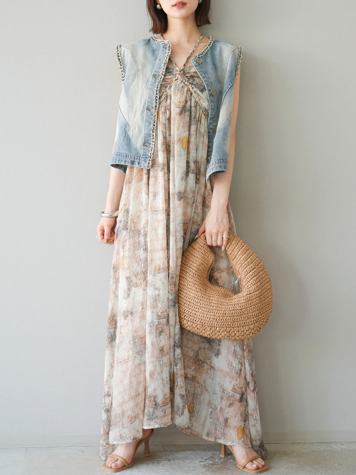 [予約]編み込みショルダーニュアンス柄シフォンワンピース/ベージュ