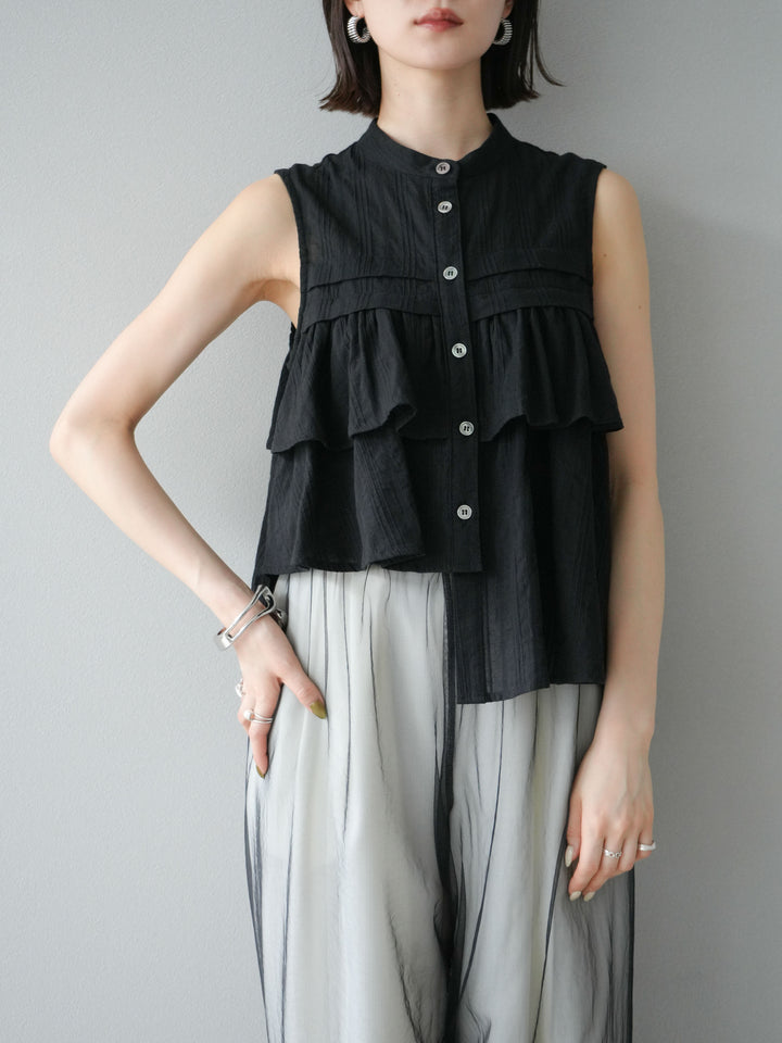 [予約]ドビーストライプアシンメトリーフリルノースリブラウス/ブラック