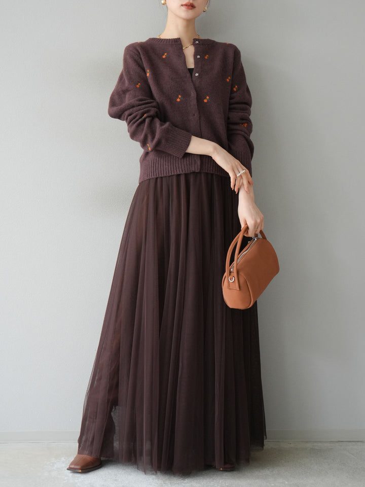 [SET]フラワー刺繍ニットカーディガン+チュールボリュームスカート(2set)