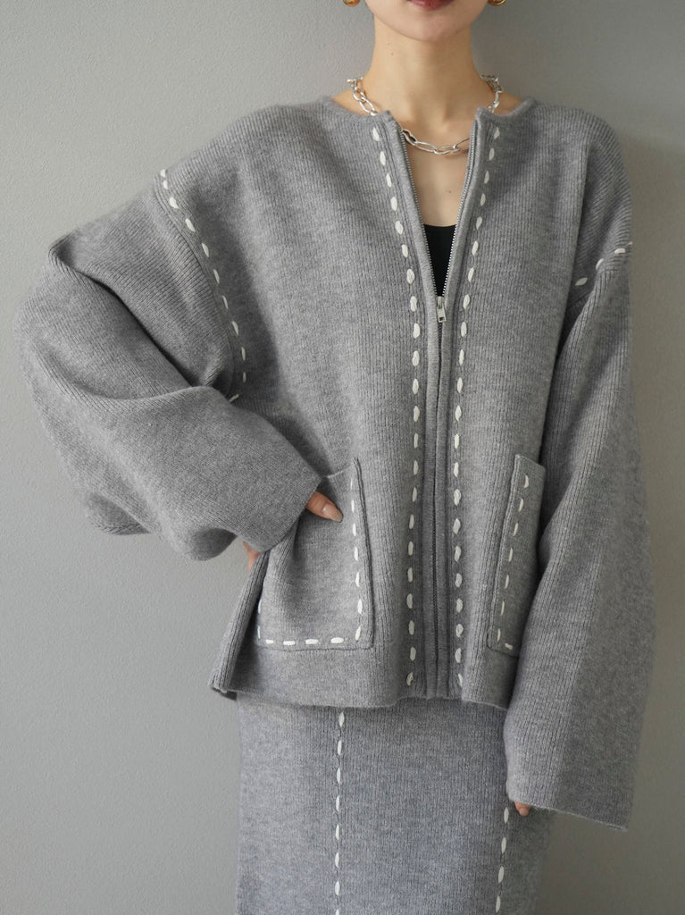 Pre-order] Stitch embroidery zip knit cardigan/gray – Lumier