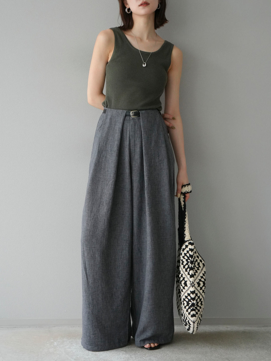 [予約]レーヨンニットタンクトップ/カーキ