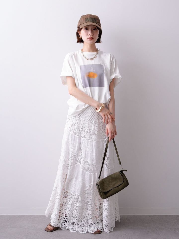 [SET]ニュアンスフローラルフォトTEE+クロシェマキシスカート(2set)