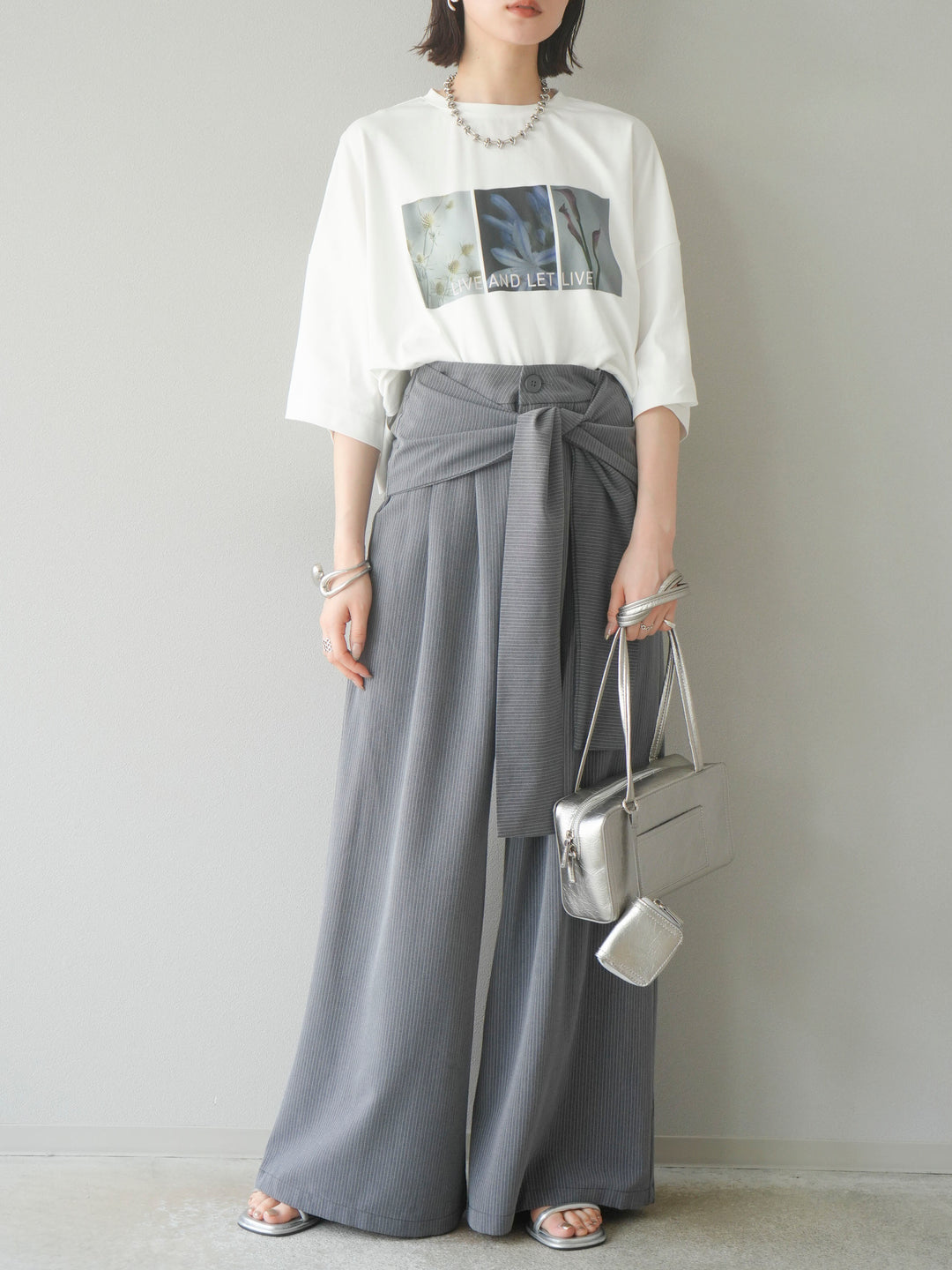 【預購】條紋裹腰寬褲/灰色