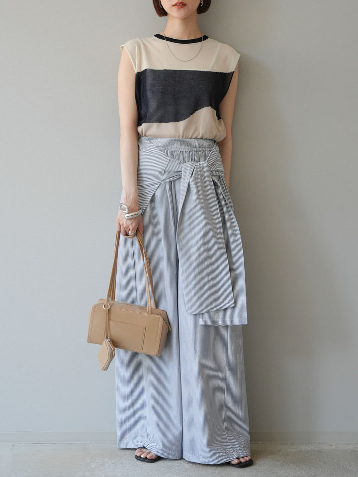 [SET] 雙色透視針織無袖上衣 + 條紋束腰休閒褲 (2set)