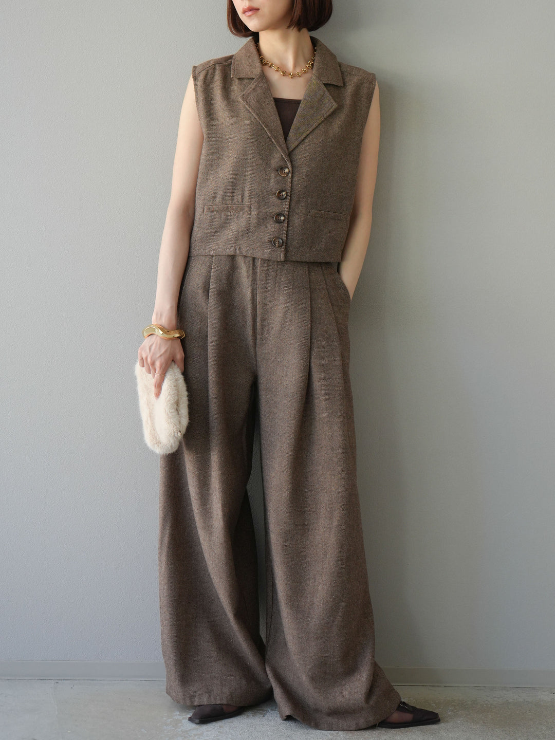 [予約]ツイードタッチタックワイドパンツ/ブラウン